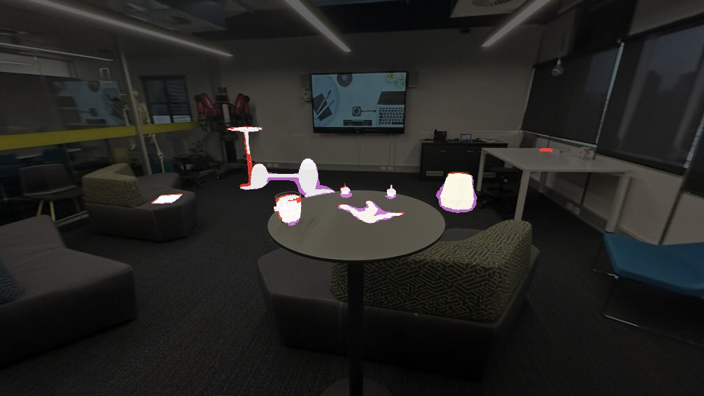 Lounge: O-SCD++ change mask, IoU 0.744, F1 0.853