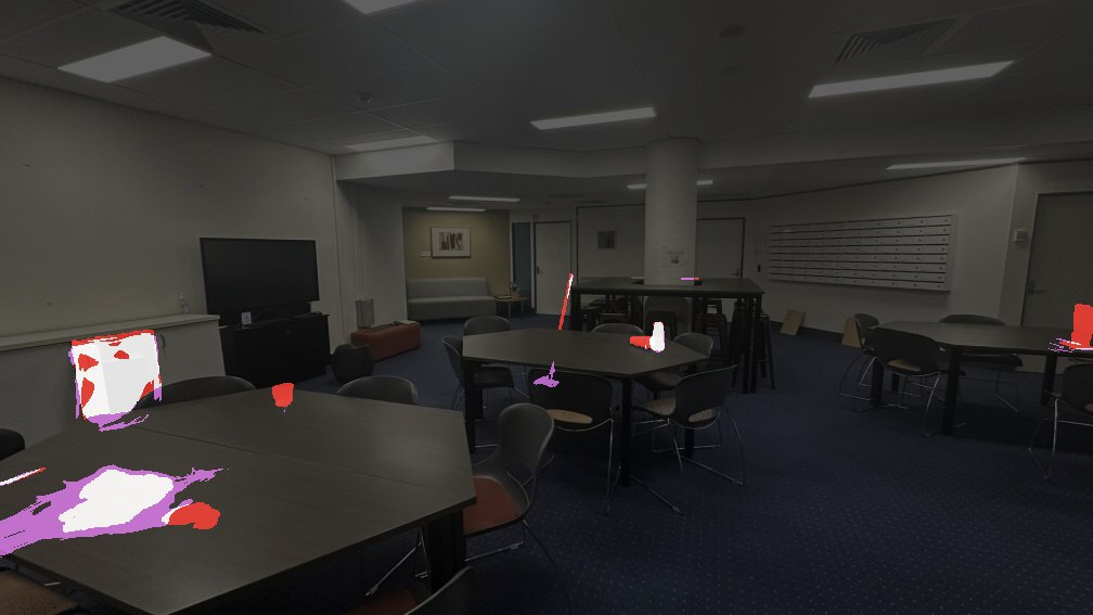 Lunch room: O-SCD change mask, IoU 0.485, F1 0.653