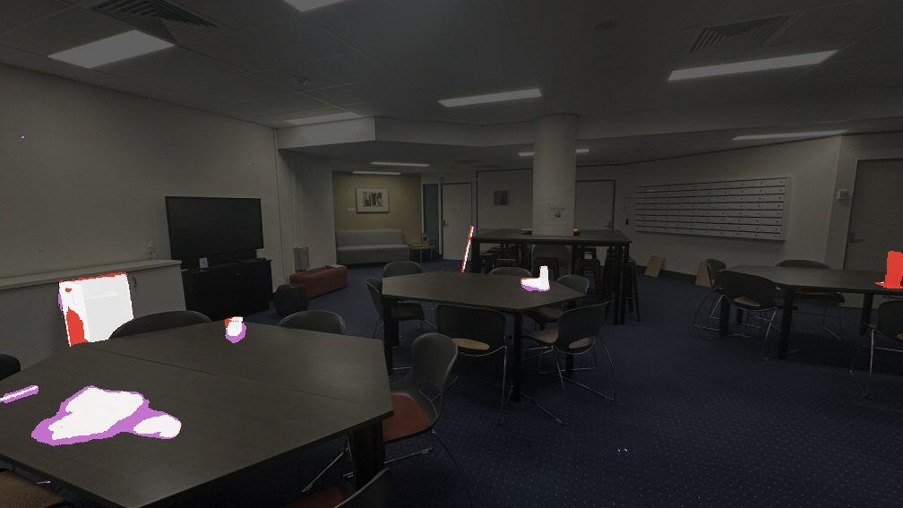 Lunch room: O-SCD++ change mask, IoU 0.662, F1 0.796