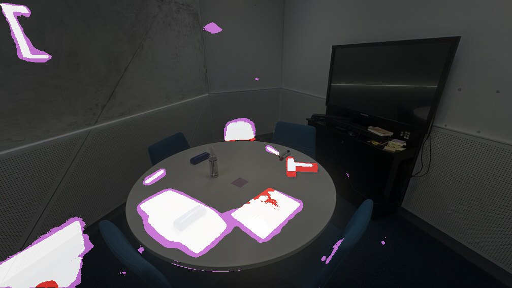 Meeting room: O-SCD++ change mask, IoU 0.710, F1 0.831